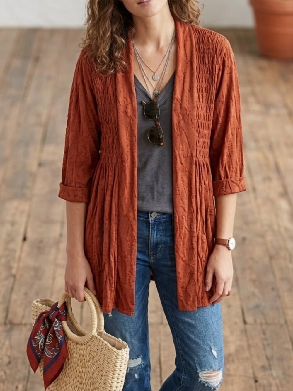 ONE WORLD Red Shawl Collar 3/4 Sleeve Cardigan
